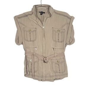 BEBE Utility Hooded Jacket Short Cap Sleeve Front Zip Pockets Belted Tan Size XS